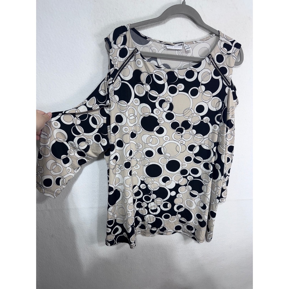 Susan‎ Graver Top Women Cold Shoulder Geometric Circle Print Black Tan 3X - Picture 6 of 7